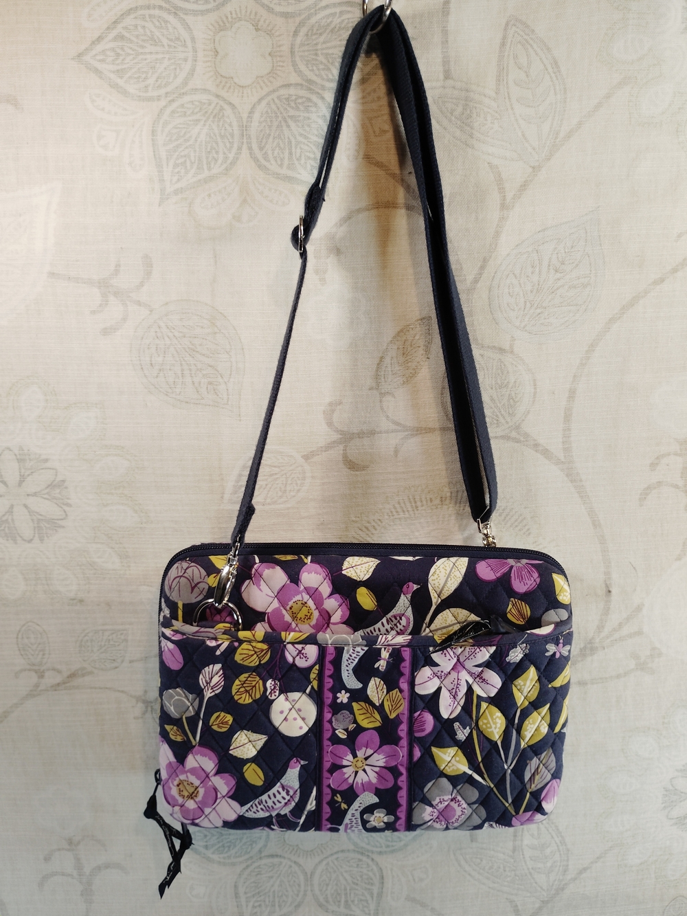 Vera Bradley Quilted Hard Shell Laptop Crossbody in Navy, Purple & Yellow Floral